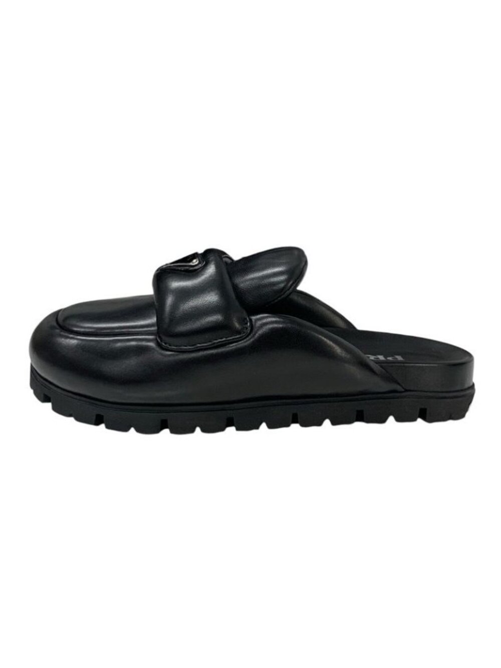 Prada Sandals Shoes Leather Black Triangle Logo Padded Nappa Sabot Mule - Picture 3 of 10